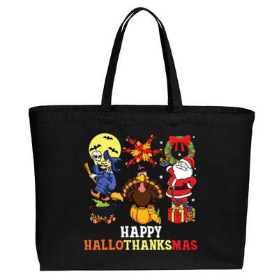 Happy Hallothanksmas Shirts Halloween Thanksgiving Christmas Cotton Canvas Jumbo Tote