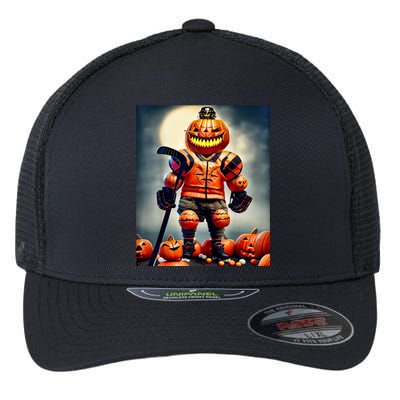 Halloween Hockey Season Pumpkin Player Flexfit Unipanel Trucker Cap