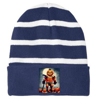 Halloween Hockey Season Pumpkin Player Striped Beanie with Solid Band