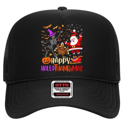 Happy Hallothanksmas Skeleton Pumpkin Turkey Santa Dancing High Crown Mesh Back Trucker Hat