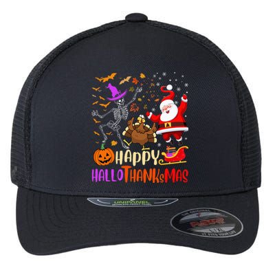 Happy Hallothanksmas Skeleton Pumpkin Turkey Santa Dancing Flexfit Unipanel Trucker Cap