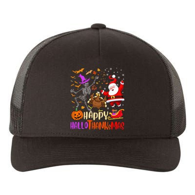 Happy Hallothanksmas Skeleton Pumpkin Turkey Santa Dancing Yupoong Adult 5-Panel Trucker Hat