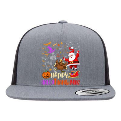 Happy Hallothanksmas Skeleton Pumpkin Turkey Santa Dancing Flat Bill Trucker Hat