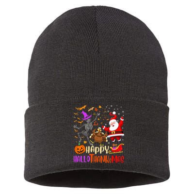 Happy Hallothanksmas Skeleton Pumpkin Turkey Santa Dancing Sustainable Knit Beanie