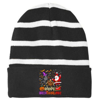 Happy Hallothanksmas Skeleton Pumpkin Turkey Santa Dancing Striped Beanie with Solid Band