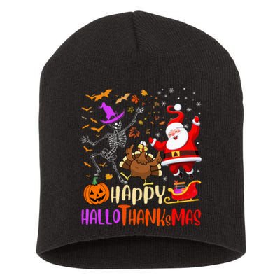 Happy Hallothanksmas Skeleton Pumpkin Turkey Santa Dancing Short Acrylic Beanie