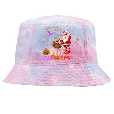 Happy Hallothanksmas Skeleton Pumpkin Turkey Santa Dancing Tie-Dyed Bucket Hat