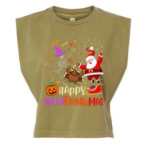 Happy Hallothanksmas Skeleton Pumpkin Turkey Santa Dancing Garment-Dyed Women's Muscle Tee