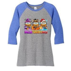 Happt Hallothanksmas School Bus Halloween Merry Christmas Women's Tri-Blend 3/4-Sleeve Raglan Shirt