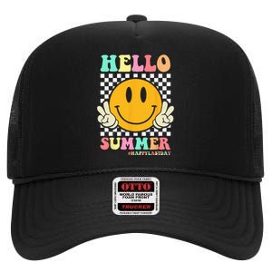 Hippie Hello Summer Teacher Happy Last Day of School High Crown Mesh Back Trucker Hat