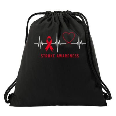 Heartbeat Heart Stroke Awareness Month Red Ribbon Support Drawstring Bag