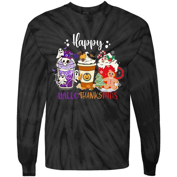 Happy Hallo Thanks Mas Coffee Drinks & Festive Icons Tie-Dye Long Sleeve Shirt