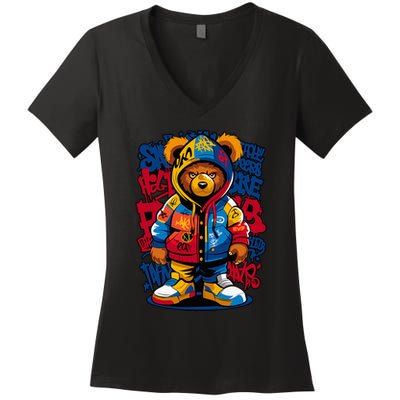 Hip Hop Teddy Bear Rap Music Women's V-Neck T-Shirt