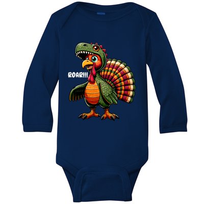 Happy Hallothanksmas Thanksgiving Dinosaur T Rex Turkey Funny Gift Baby Long Sleeve Bodysuit