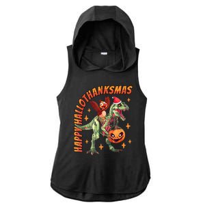 Happy Hallothanksmas Trex Halloween Thanksgiving Christmas Ladies PosiCharge Tri-Blend Wicking Draft Hoodie Tank