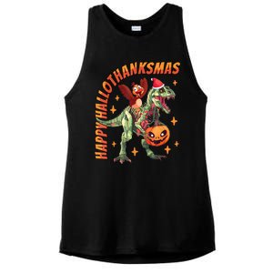 Happy Hallothanksmas Trex Halloween Thanksgiving Christmas Ladies PosiCharge Tri-Blend Wicking Tank