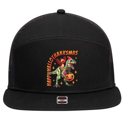 Happy Hallothanksmas Trex Halloween Thanksgiving Christmas 7 Panel Mesh Trucker Snapback Hat