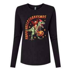 Happy Hallothanksmas Trex Halloween Thanksgiving Christmas Womens Cotton Relaxed Long Sleeve T-Shirt