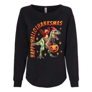 Happy Hallothanksmas Trex Halloween Thanksgiving Christmas Womens California Wash Sweatshirt