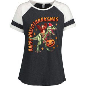 Happy Hallothanksmas Trex Halloween Thanksgiving Christmas Enza Ladies Jersey Colorblock Tee