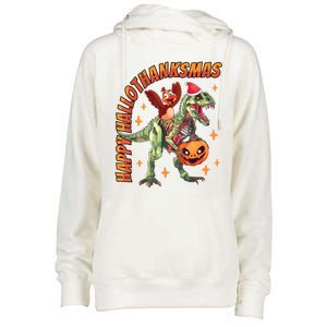 Happy Hallothanksmas Trex Halloween Thanksgiving Christmas Womens Funnel Neck Pullover Hood