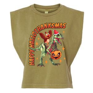 Happy Hallothanksmas Trex Halloween Thanksgiving Christmas Garment-Dyed Women's Muscle Tee