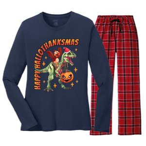 Happy Hallothanksmas Trex Halloween Thanksgiving Christmas Women's Long Sleeve Flannel Pajama Set 