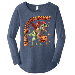 Happy Hallothanksmas Trex Halloween Thanksgiving Christmas Women's Perfect Tri Tunic Long Sleeve Shirt