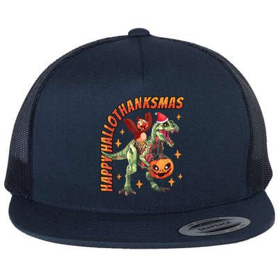 Happy Hallothanksmas Trex Halloween Thanksgiving Christmas Flat Bill Trucker Hat