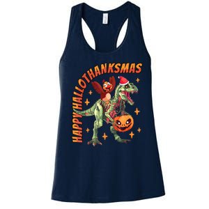 Happy Hallothanksmas Trex Halloween Thanksgiving Christmas Women's Racerback Tank