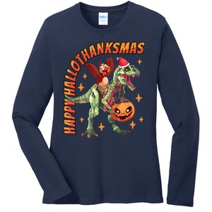 Happy Hallothanksmas Trex Halloween Thanksgiving Christmas Ladies Long Sleeve Shirt