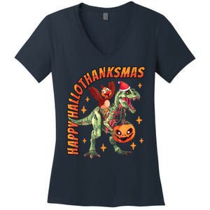 Happy Hallothanksmas Trex Halloween Thanksgiving Christmas Women's V-Neck T-Shirt