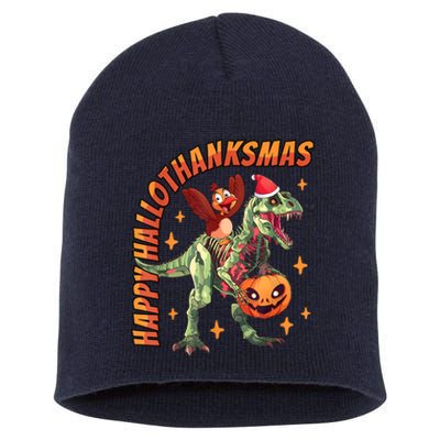 Happy Hallothanksmas Trex Halloween Thanksgiving Christmas Short Acrylic Beanie