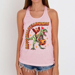 Happy Hallothanksmas Trex Halloween Thanksgiving Christmas Women's Knotted Racerback Tank