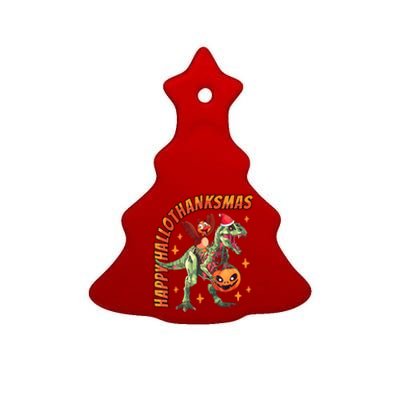 Happy Hallothanksmas Trex Halloween Thanksgiving Christmas Ceramic Tree Ornament