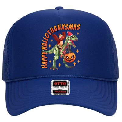 Happy Hallothanksmas Trex Halloween Thanksgiving Christmas High Crown Mesh Back Trucker Hat