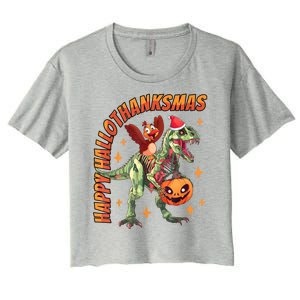 Happy Hallothanksmas Trex Halloween Thanksgiving Christmas Women's Crop Top Tee