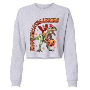 Happy Hallothanksmas Trex Halloween Thanksgiving Christmas Cropped Pullover Crew