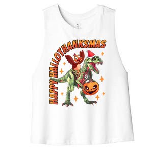 Happy Hallothanksmas Trex Halloween Thanksgiving Christmas Women's Racerback Cropped Tank