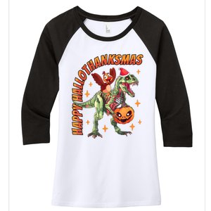 Happy Hallothanksmas Trex Halloween Thanksgiving Christmas Women's Tri-Blend 3/4-Sleeve Raglan Shirt