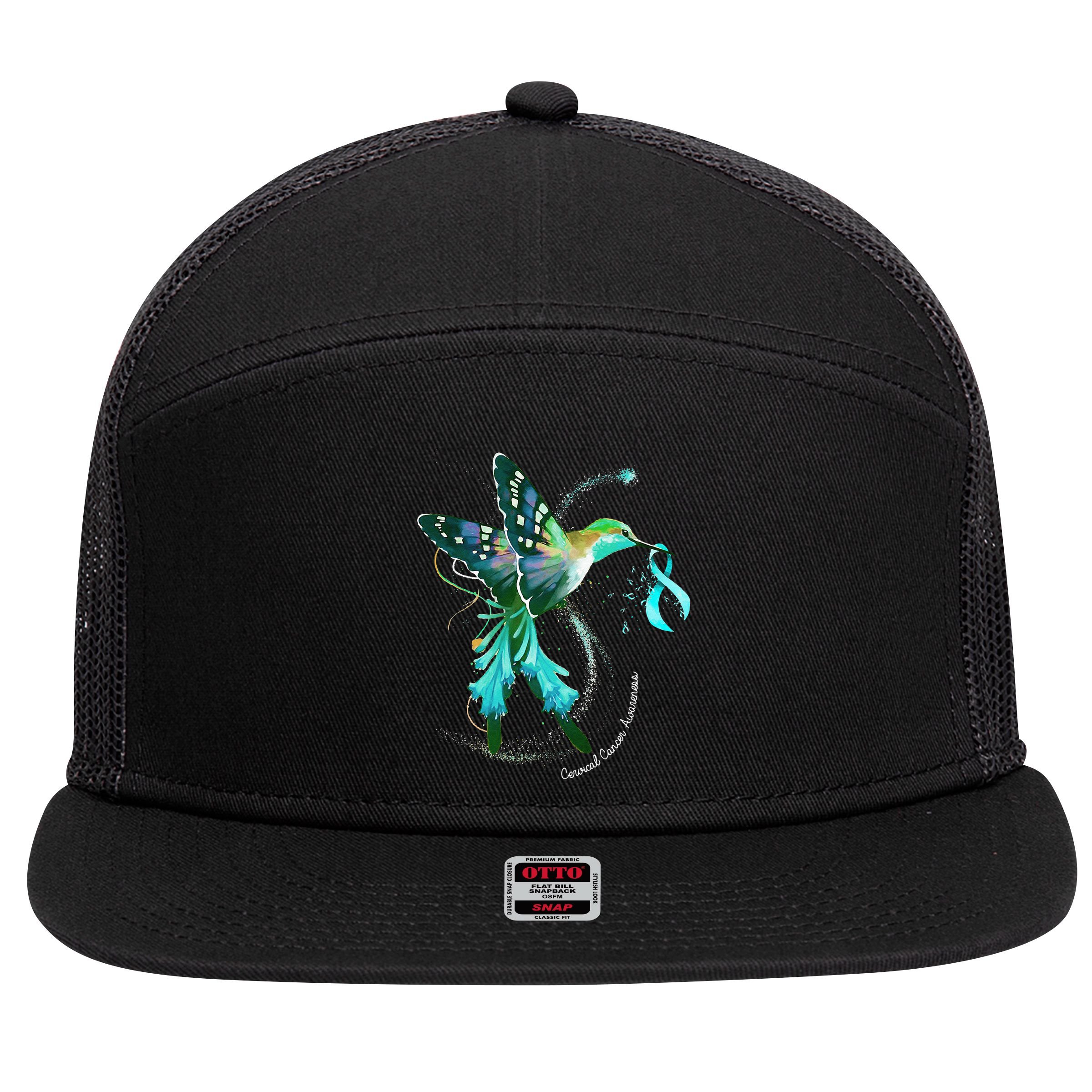 Hummingbird Holding Teal Ribbon Cervical Cancer Awareness 7 Panel Mesh Trucker Snapback Hat