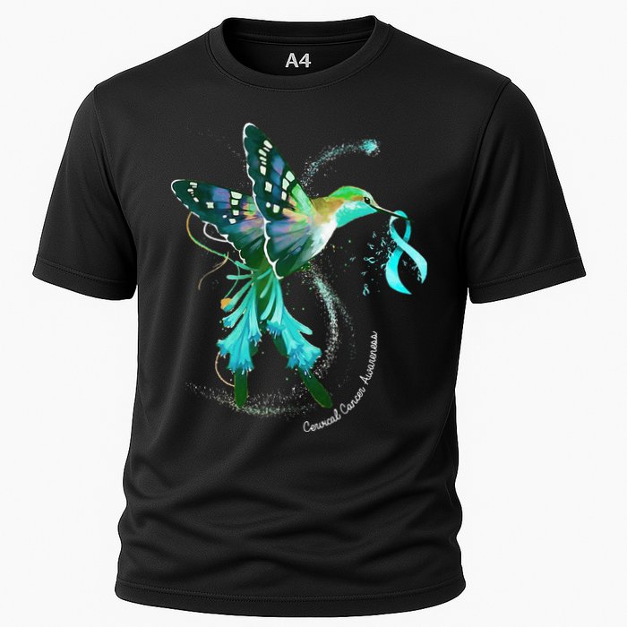 Hummingbird Holding Teal Ribbon Cervical Cancer Awareness Cooling Performance Crew T-Shirt