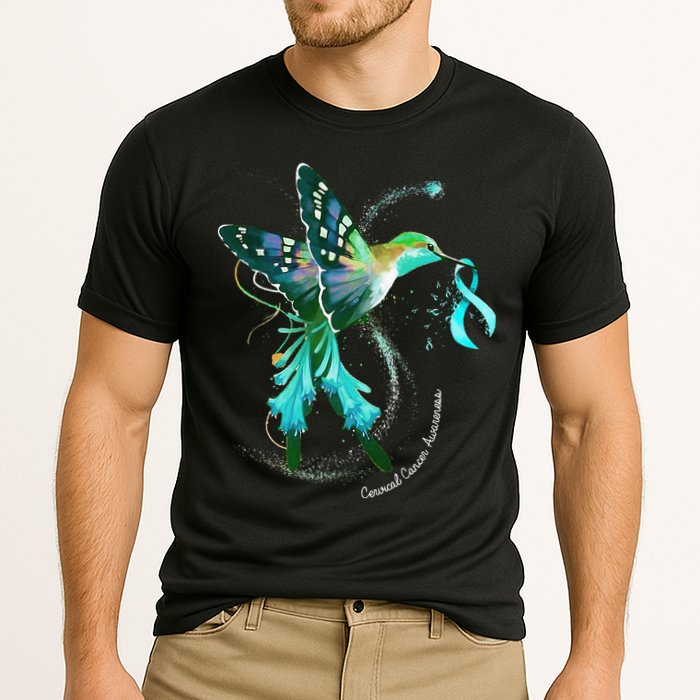 Hummingbird Holding Teal Ribbon Cervical Cancer Awareness Cooling Performance Crew T-Shirt