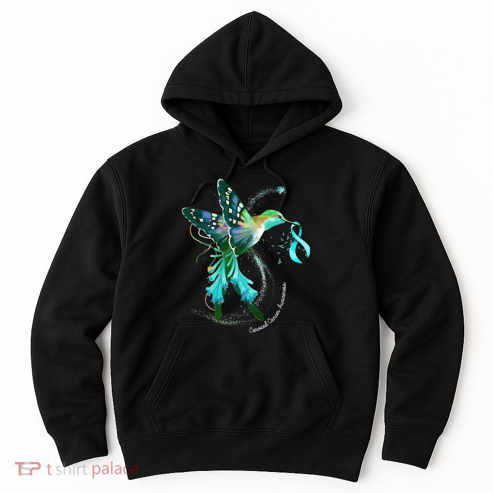 Hummingbird Holding Teal Ribbon Cervical Cancer Awareness Hoodie