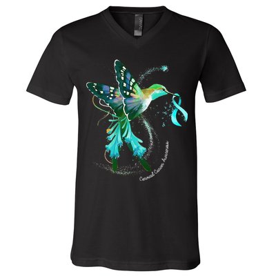 Hummingbird Holding Teal Ribbon Cervical Cancer Awareness V-Neck T-Shirt