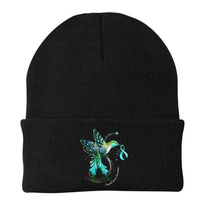 Hummingbird Holding Teal Ribbon Cervical Cancer Awareness Beanie