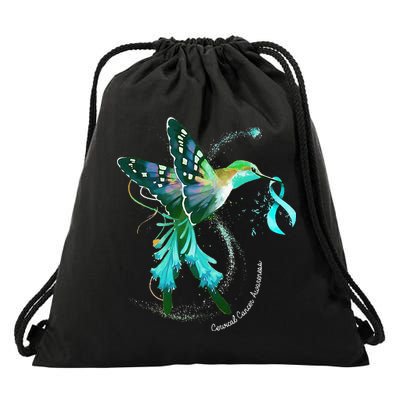 Hummingbird Holding Teal Ribbon Cervical Cancer Awareness Drawstring Bag