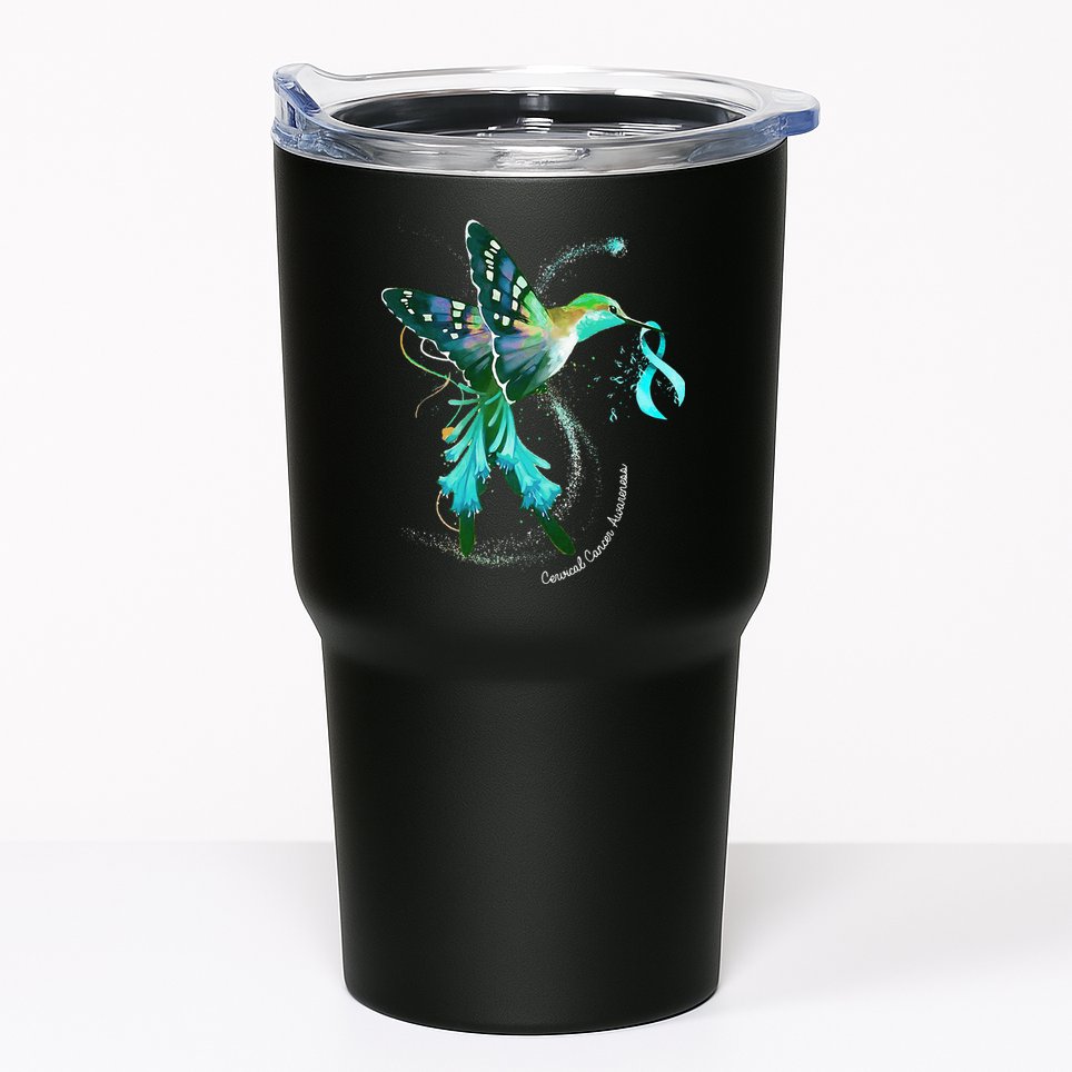 Hummingbird Holding Teal Ribbon Cervical Cancer Awareness Tumbler