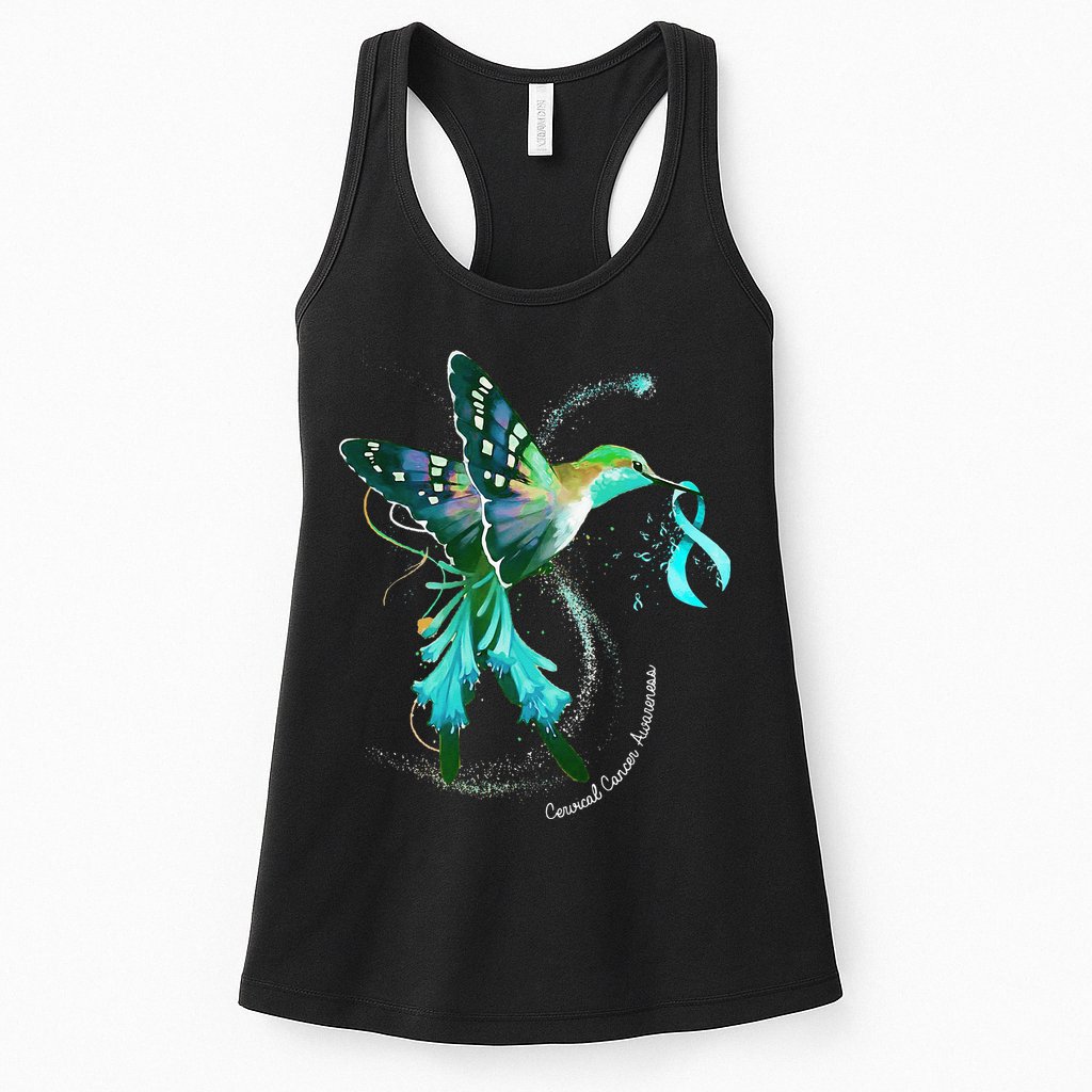 Hummingbird Holding Teal Ribbon Cervical Cancer Awareness Womens Tank Top