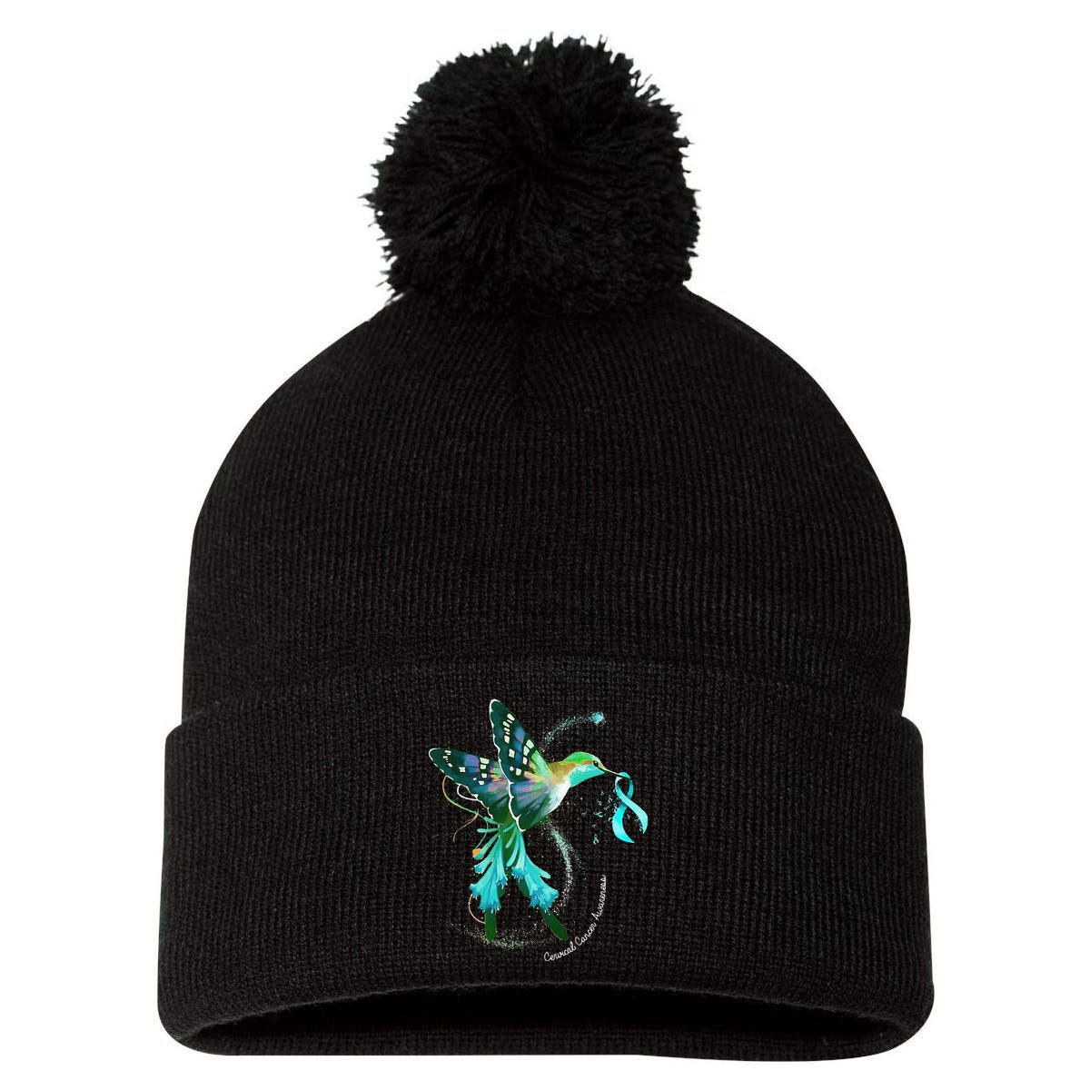 Hummingbird Holding Teal Ribbon Cervical Cancer Awareness Pom Pom 12in Knit Beanie